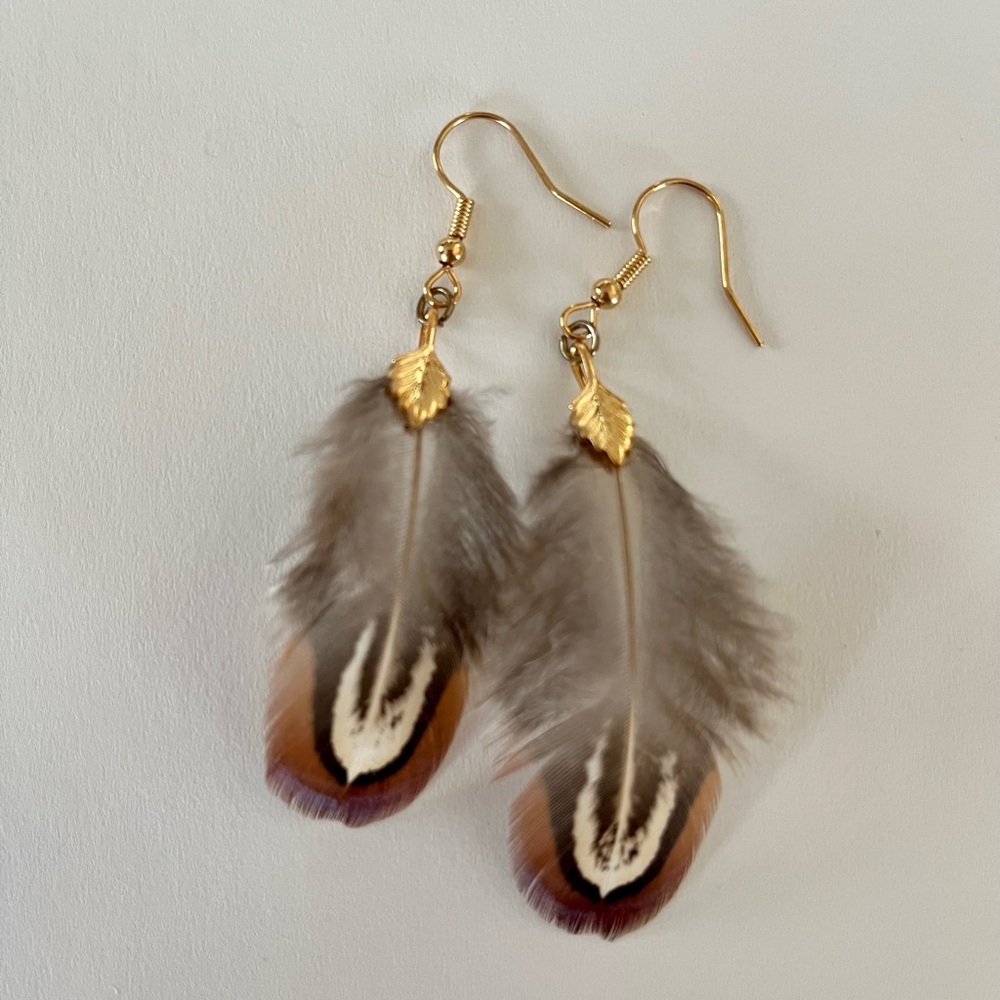 Boho feather earrings - pheasant feathers - gold plated brass - handcrafted